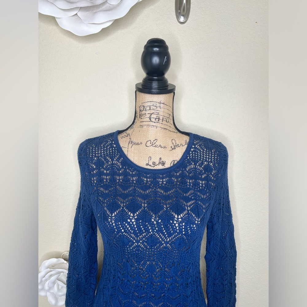 NTM Jeanne Pierre Blue Crochet Pullover Sweater NWT Scoop Neck 3/4 Sleeve Small - Picture 3 of 15